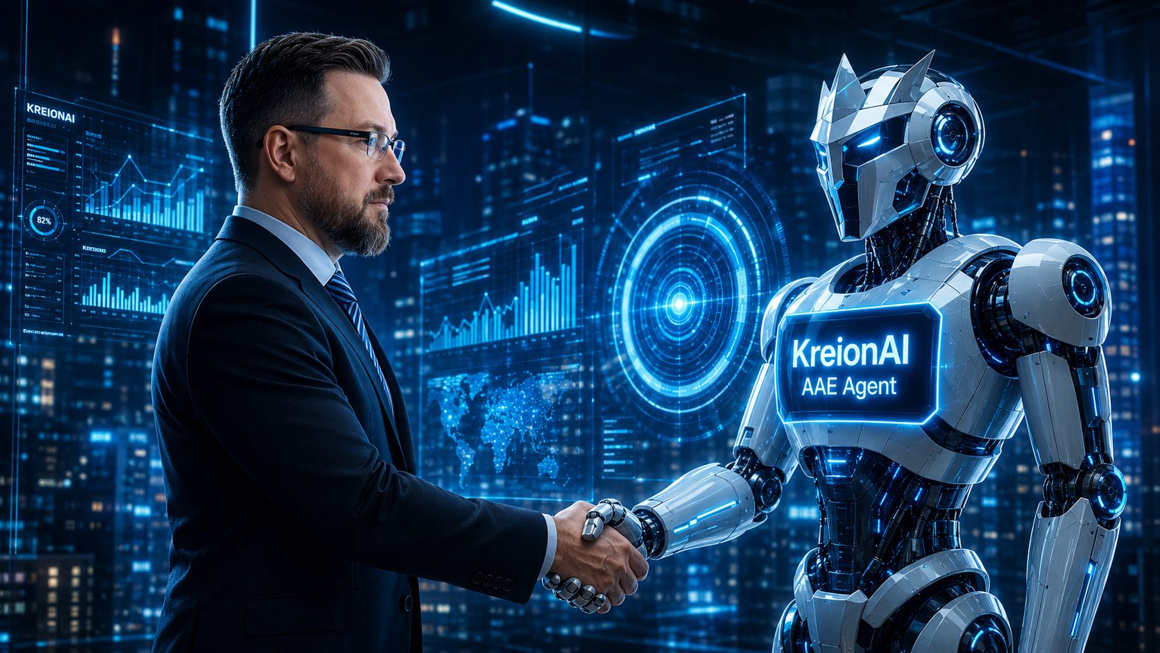 Mirek - May 2026, shaking hands with KreionAI AAE Agent